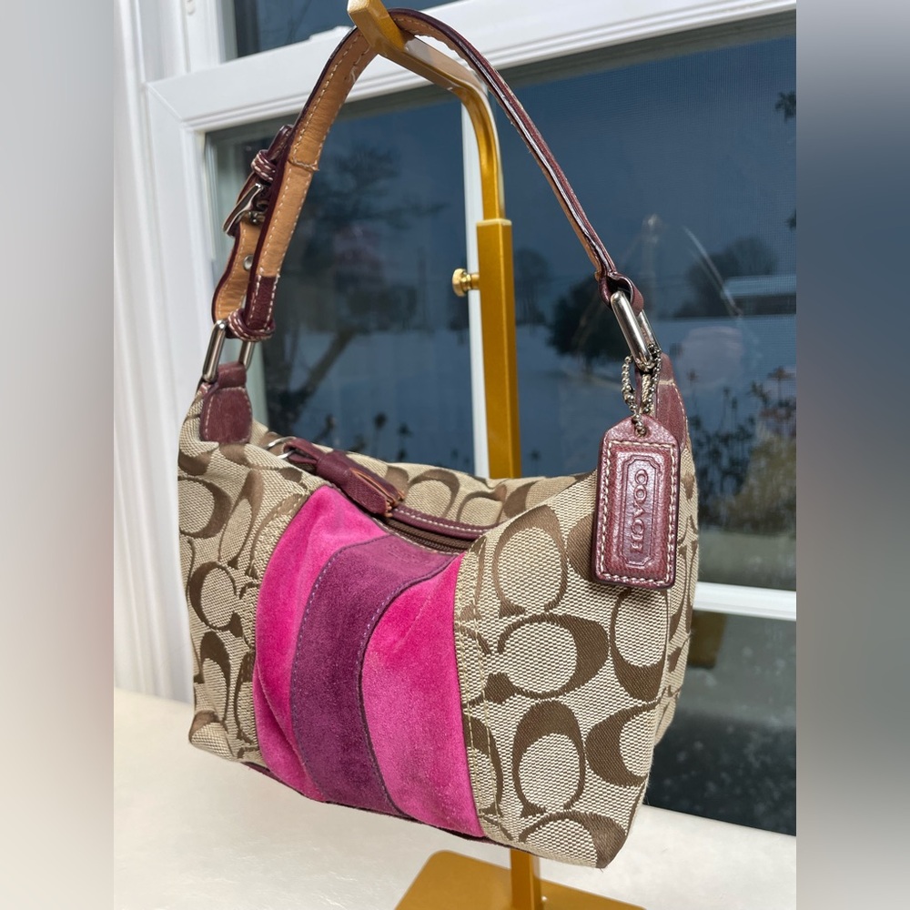 Coach Vintage Mini Hobo Bag in Signature Jacquard Canvas & Pink and Berry Suede - Picture 7 of 17